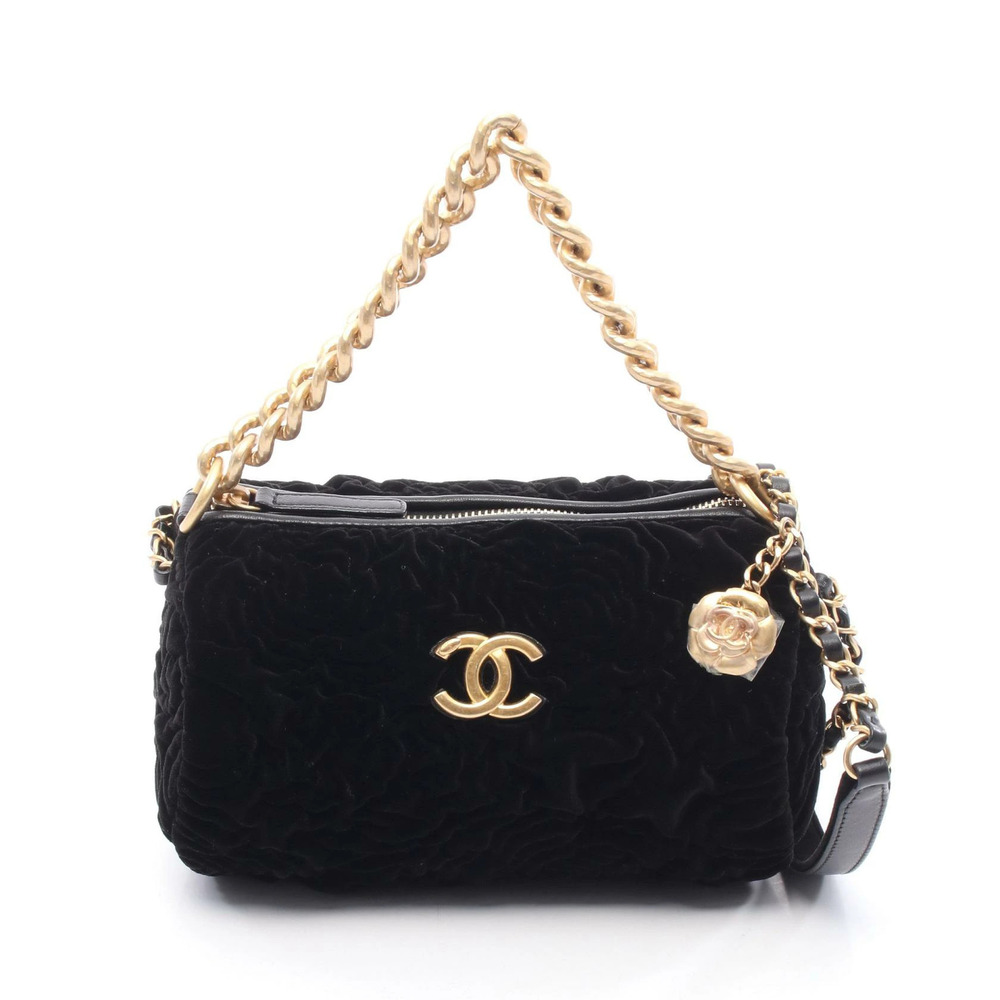 Chanel Camellia Shoulder Bag Leather Velvet Black